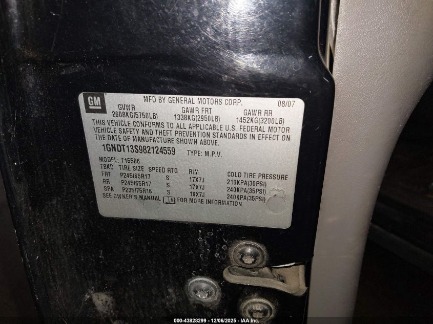 2008 Chevrolet Trailblazer Fleet VIN: 1GNDT13S982124559 Lot: 43828299