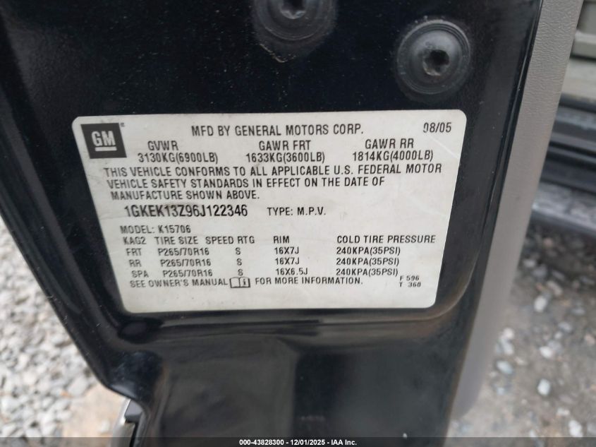 2006 GMC Yukon Slt VIN: 1GKEK13Z96J122346 Lot: 43828300