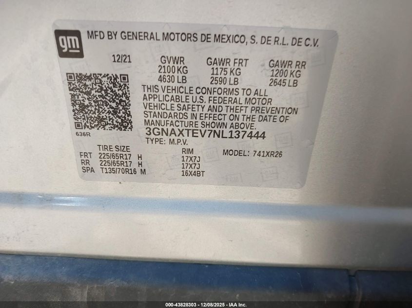 2022 Chevrolet Equinox Awd 2Fl VIN: 3GNAXTEV7NL137444 Lot: 43828303