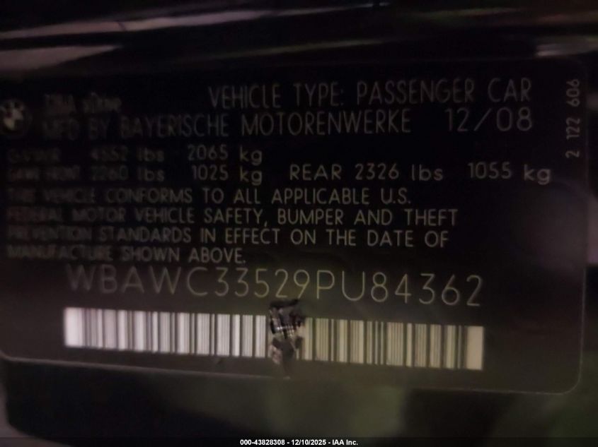 2009 BMW 328I xDrive VIN: WBAWC33529PU84362 Lot: 43828308