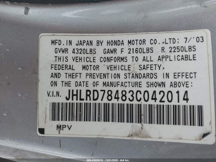 2003 Honda Cr-V Lx VIN: JHLRD78483C042014 Lot: 43828310