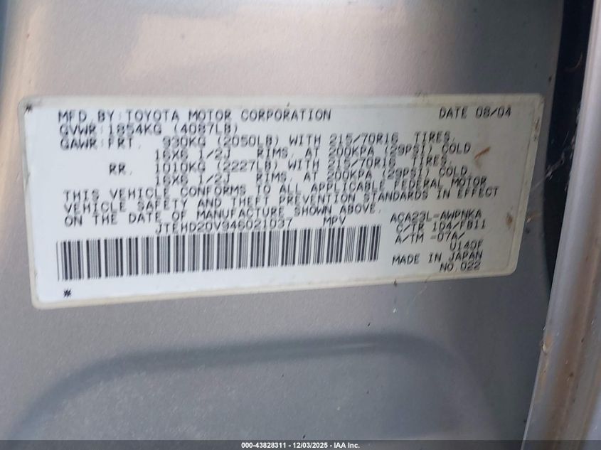 2004 Toyota Rav4 VIN: JTEHD20V946021037 Lot: 43828311
