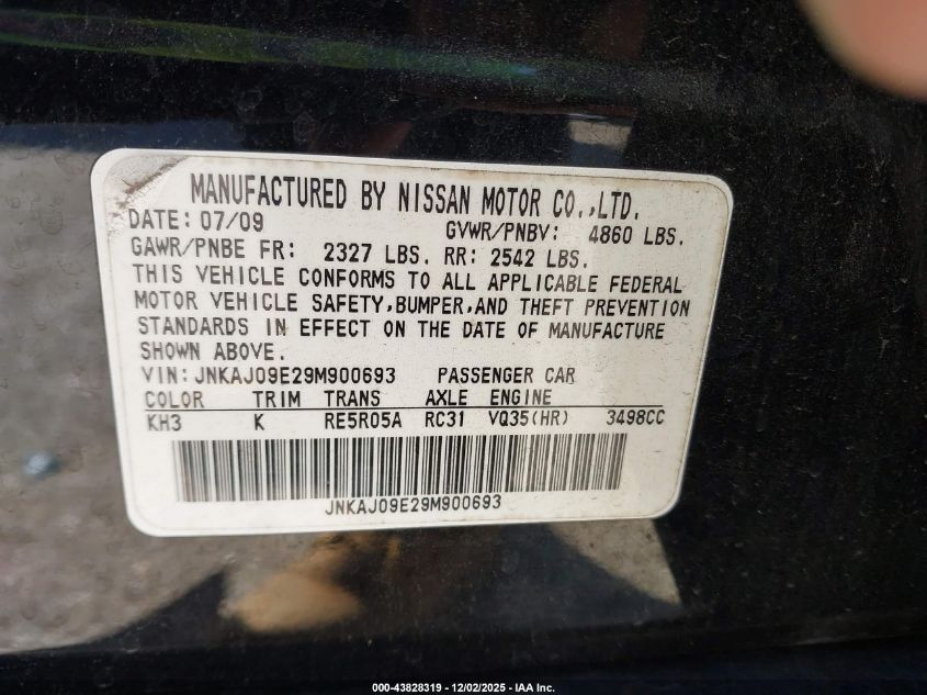 2009 Infiniti Ex35 VIN: JNKAJ09E29M900693 Lot: 43828319