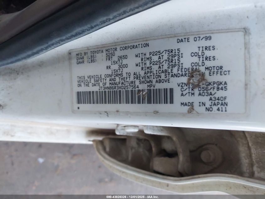 1999 Toyota 4Runner Sr5 V6 VIN: JT3HN86R3X0257564 Lot: 43828326