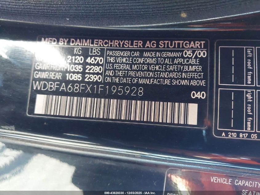 2001 Mercedes-Benz Sl 500 VIN: WDBFA68FX1F195928 Lot: 43828330