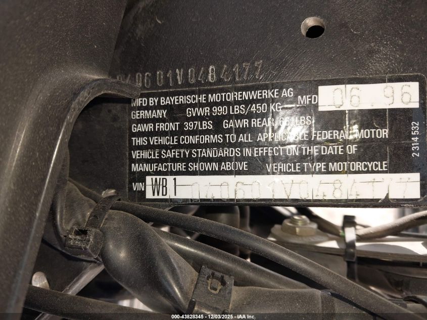 1997 BMW R850 R VIN: WB1040601V0484177 Lot: 43828345
