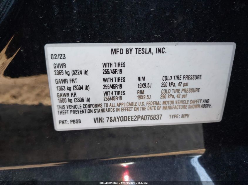 2023 Tesla Model Y Awd/Long Range Dual Motor All-Wheel Drive VIN: 7SAYGDEE2PA075837 Lot: 43828346