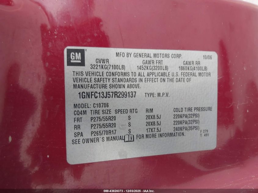 2007 Chevrolet Tahoe Lt VIN: 1GNFC13J57R299137 Lot: 43828373