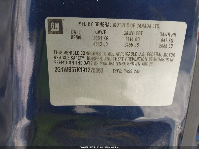 2009 Chevrolet Impala Ls VIN: 2G1WB57K191275363 Lot: 43828375