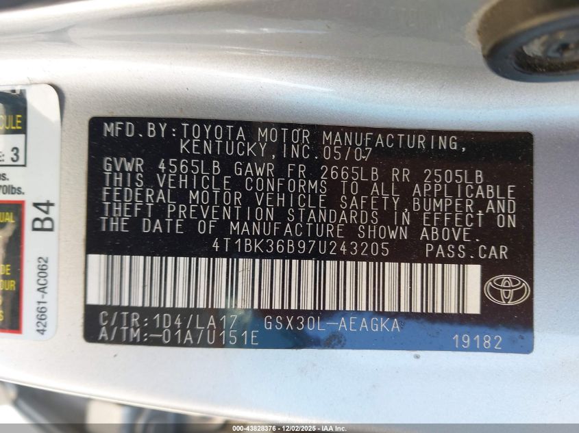 2007 Toyota Avalon Xls VIN: 4T1BK36B97U243205 Lot: 43828376