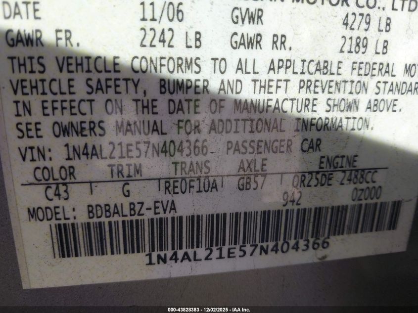 2007 Nissan Altima 2.5 S VIN: 1N4AL21E57N404366 Lot: 43828383