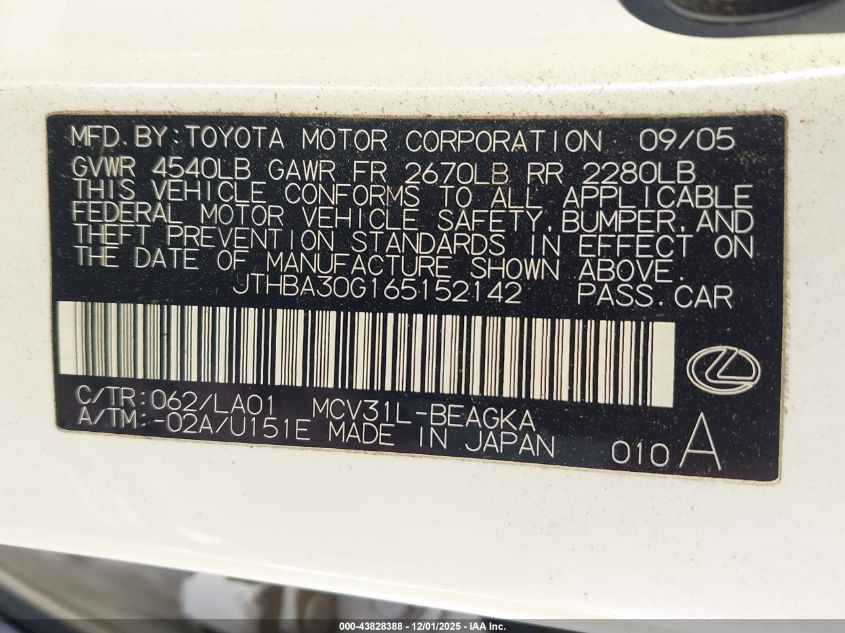 2006 Lexus Es 330 VIN: JTHBA30G165152142 Lot: 43828388