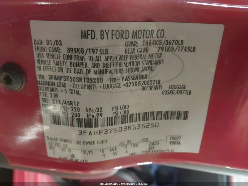 2003 Ford Focus Svt/Zx5 VIN: 3FAHP37503R135250 Lot: 43828402