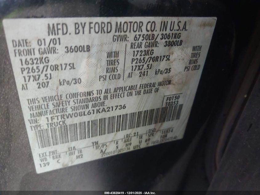 2001 Ford F-150 King Ranch Edition/Lariat/Xlt VIN: 1FTRW08L61KA21736 Lot: 43828419