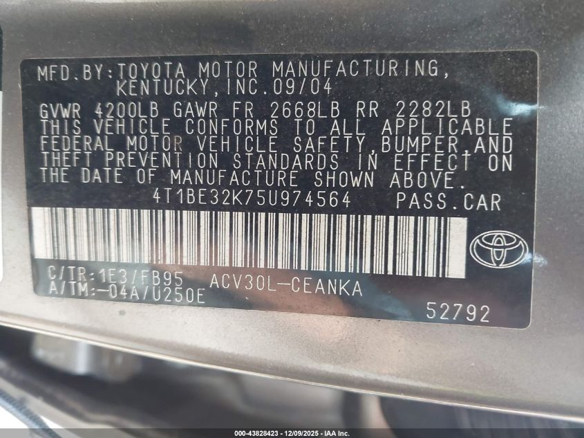 2005 Toyota Camry Le VIN: 4T1BE32K75U974564 Lot: 43828423