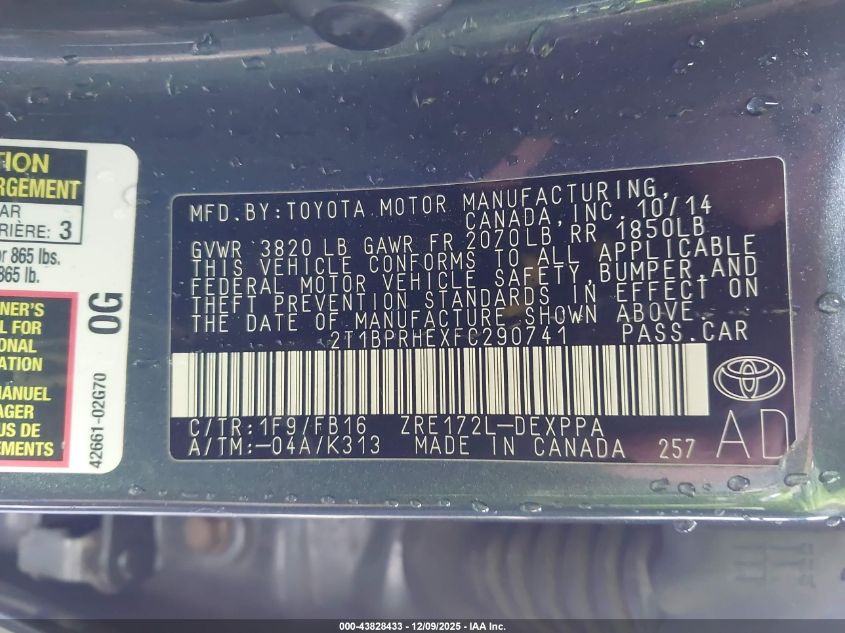 2015 Toyota Corolla Le Eco Plus VIN: 2T1BPRHEXFC290741 Lot: 43828433