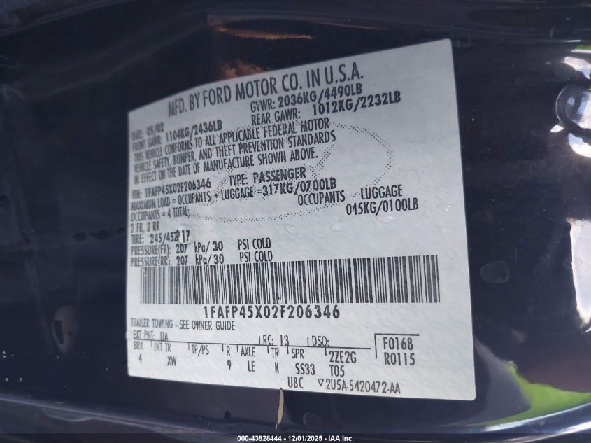 2002 Ford Mustang Gt VIN: 1FAFP45X02F206346 Lot: 43828444