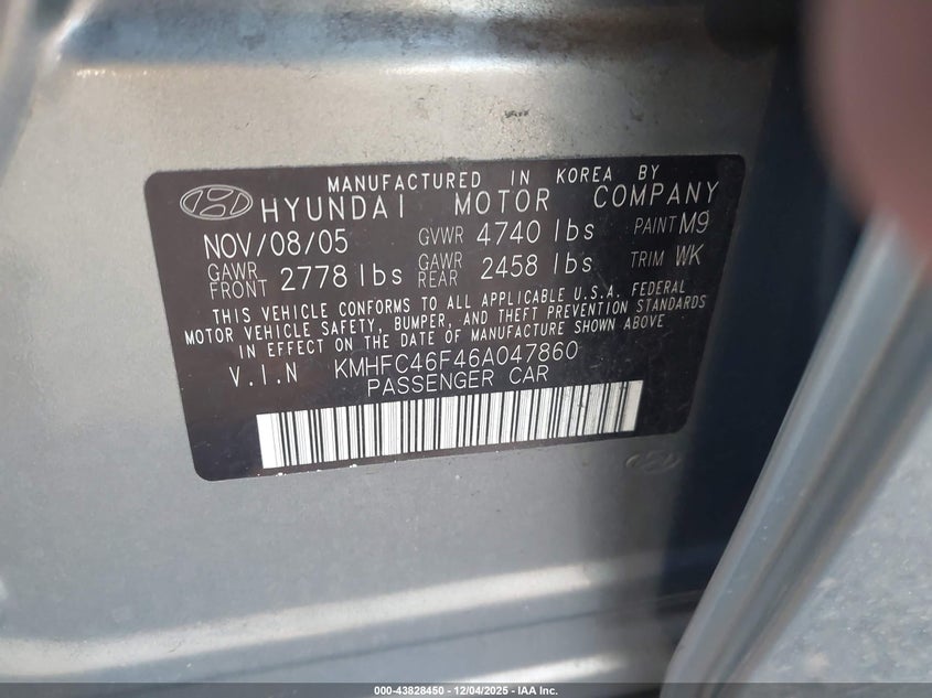 KMHFC46F46A047860 2006 HYUNDAI AZERA photo no. 9