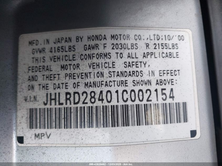 2001 Honda Cr-V Lx VIN: JHLRD28401C002154 Lot: 43828462