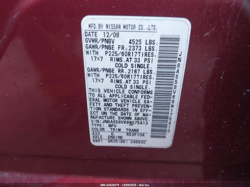 2009 Nissan Rogue Sl VIN: JN8AS58V69W175413 Lot: 43828479