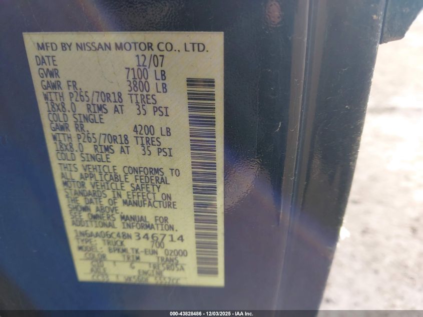 2008 Nissan Titan Pro-4X VIN: 1N6AA06C48N346714 Lot: 43828486