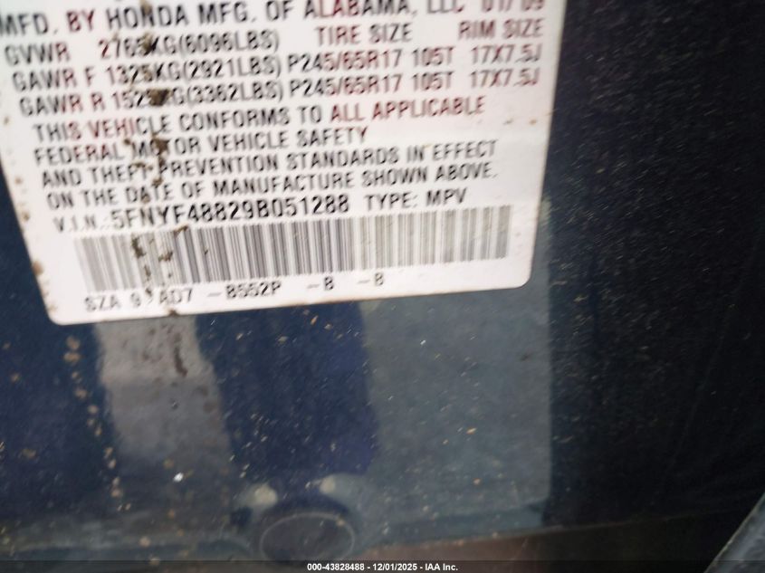 2009 Honda Pilot Touring VIN: 5FNYF48829B051288 Lot: 43828488