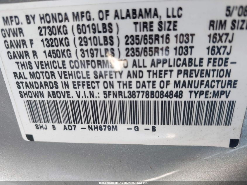 2008 Honda Odyssey Ex-L VIN: 5FNRL38778B084848 Lot: 43828490