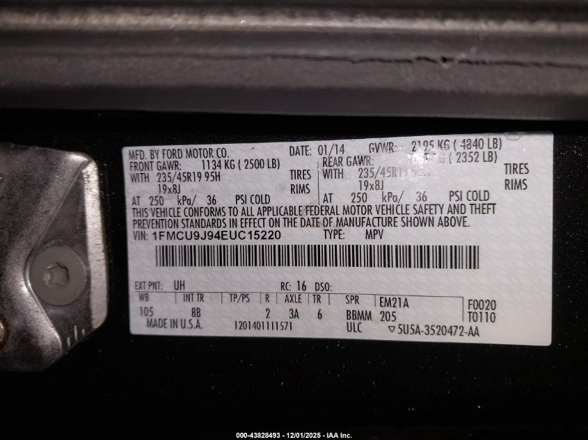 2014 Ford Escape Titanium VIN: 1FMCU9J94EUC15220 Lot: 43828493