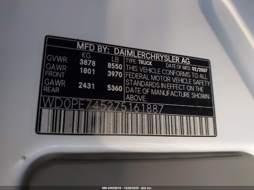 2007 Dodge Sprinter Van 2500 VIN: WD0PE745275161887 Lot: 43828516