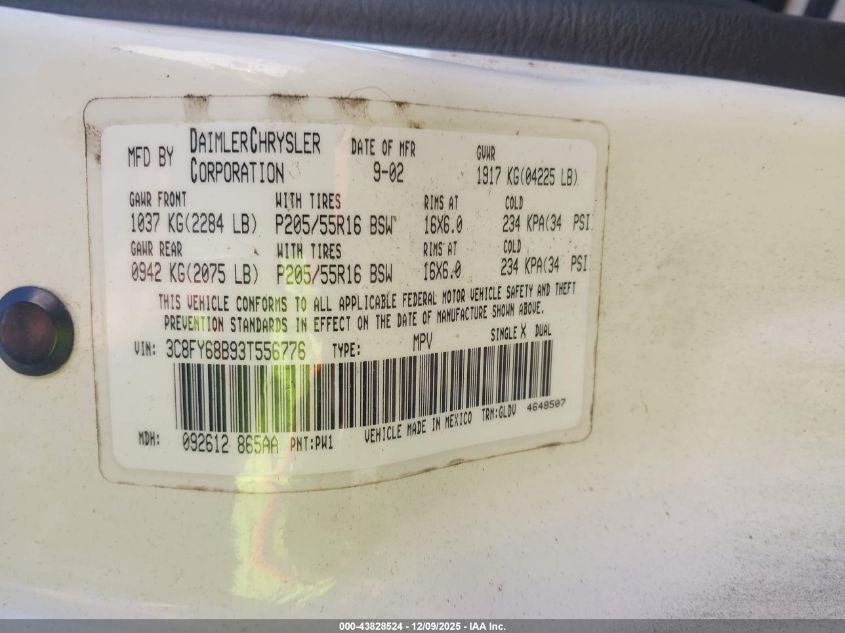 2003 Chrysler Pt Cruiser Limited VIN: 3C8FY68B93T556776 Lot: 43828524