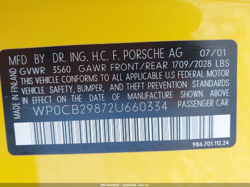 2002 Porsche Boxster S VIN: WP0CB29872U660334 Lot: 43828528