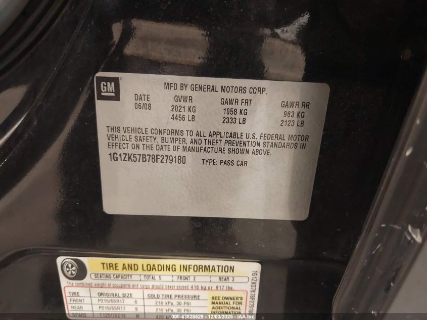 2008 Chevrolet Malibu Ltz VIN: 1G1ZK57B78F279180 Lot: 43828529