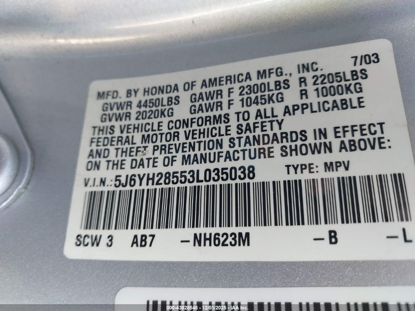 2003 Honda Element Ex VIN: 5J6YH28553L035038 Lot: 43828548