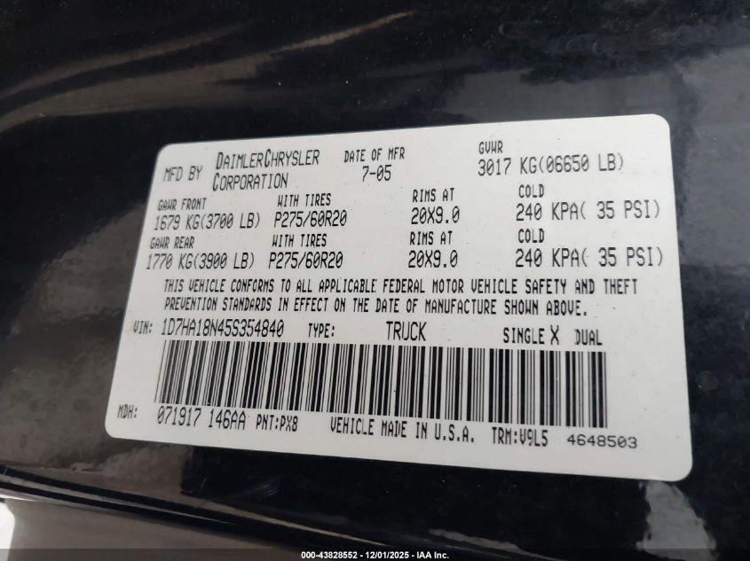 2005 Dodge Ram 1500 Slt/Laramie VIN: 1D7HA18N45S354840 Lot: 43828552