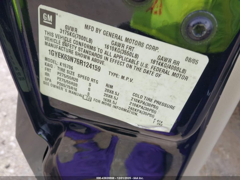 2006 Cadillac Escalade Standard VIN: 1GYEK63N76R124159 Lot: 43828558