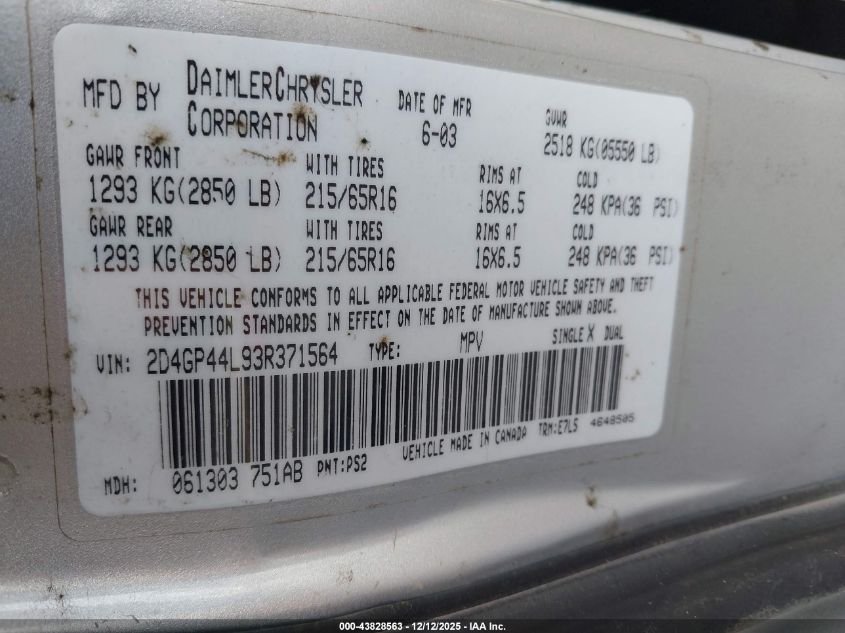 2003 Dodge Grand Caravan Sport VIN: 2D4GP44L93R371564 Lot: 43828563