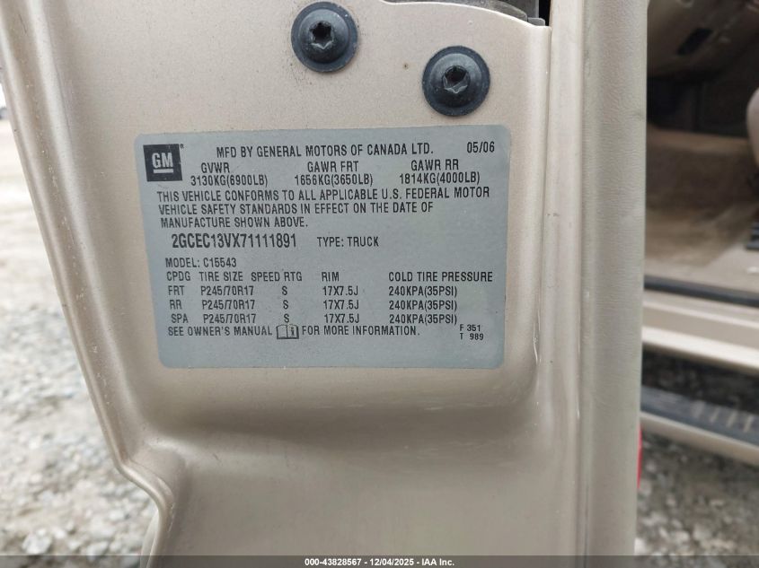 2007 Chevrolet Silverado 1500 Classic Ls VIN: 2GCEC13VX71111891 Lot: 43828567