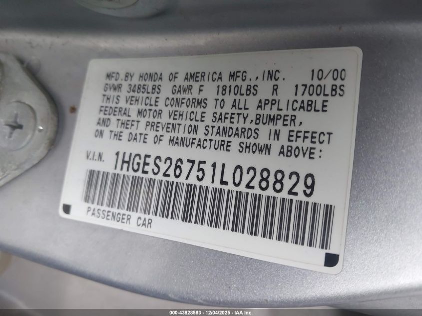 2001 Honda Civic Ex VIN: 1HGES26751L028829 Lot: 43828583
