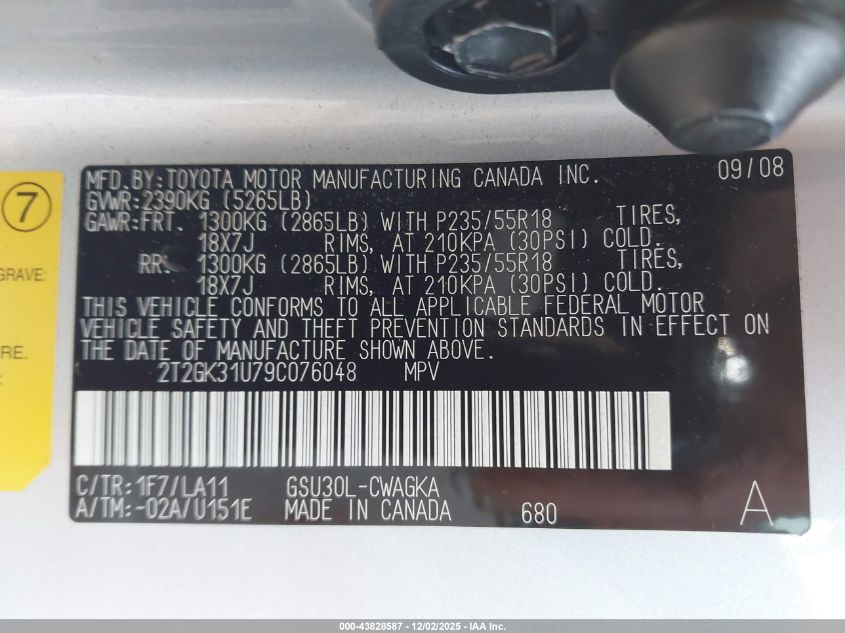 2009 Lexus Rx 350 VIN: 2T2GK31U79C076048 Lot: 43828587