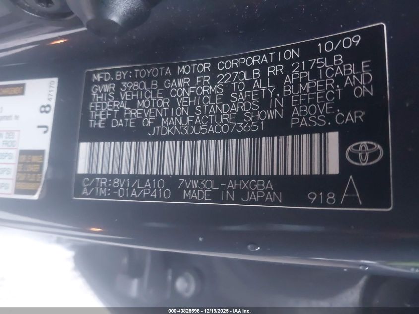 2010 Toyota Prius Iv VIN: JTDKN3DU5A0073651 Lot: 43828598