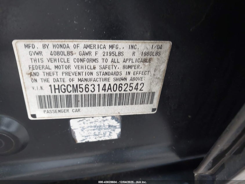 1HGCM56314A062542 2004 HONDA ACCORD photo no. 9