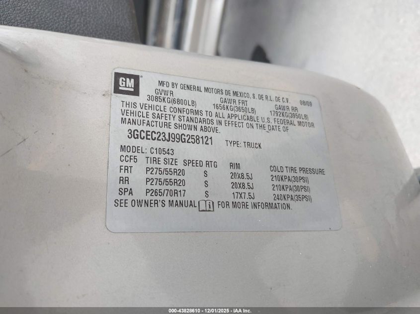 2009 Chevrolet Silverado 1500 Lt VIN: 3GCEC23J99G258121 Lot: 43828610