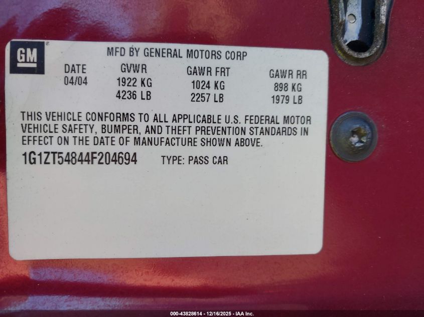 2004 Chevrolet Malibu Ls VIN: 1G1ZT54844F204694 Lot: 43828614