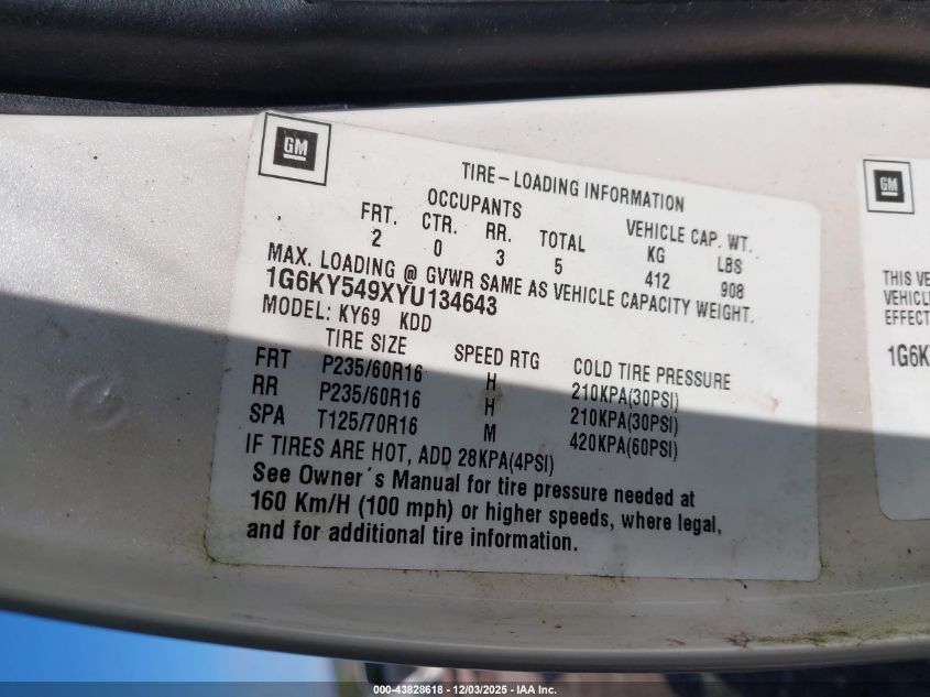 2000 Cadillac Seville Sts VIN: 1G6KY549XYU134643 Lot: 43828618