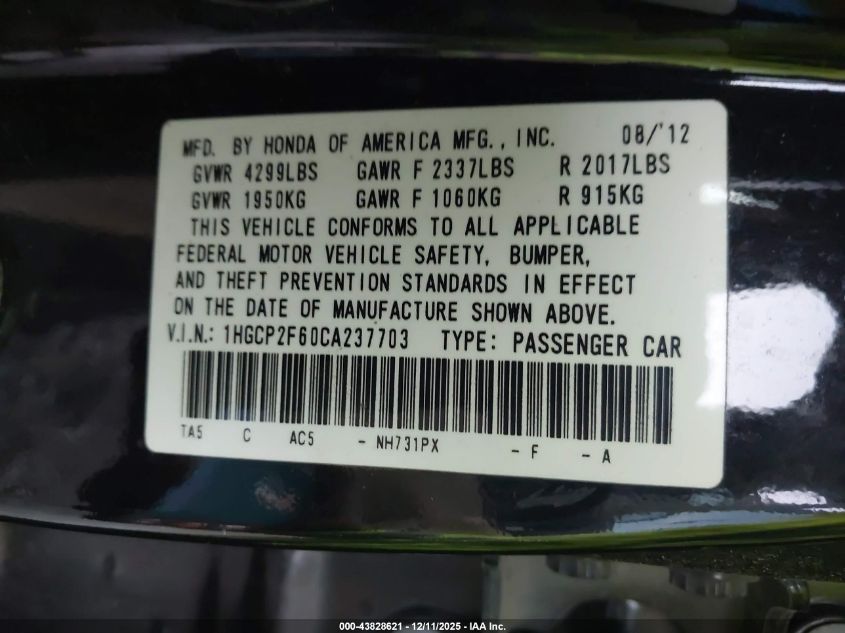 2012 Honda Accord 2.4 Se VIN: 1HGCP2F60CA237703 Lot: 43828621
