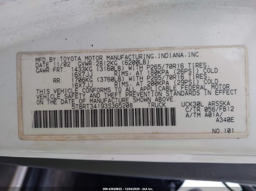 2003 Toyota Tundra Sr5 V8 VIN: 5TBRT34193S365208 Lot: 43828622