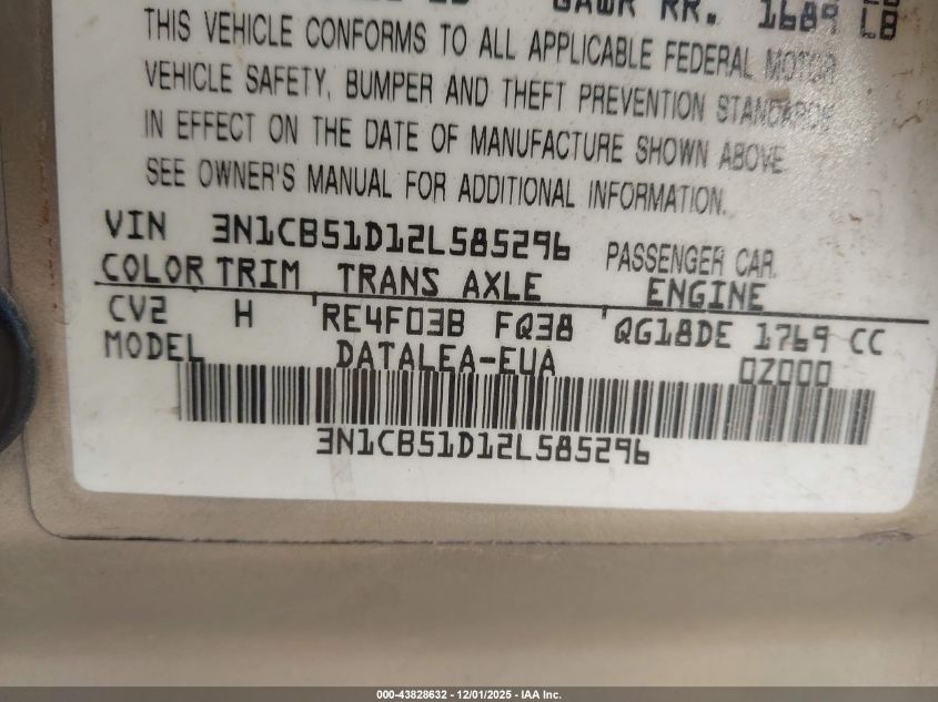 2002 Nissan Sentra Gxe VIN: 3N1CB51D12L585296 Lot: 43828632