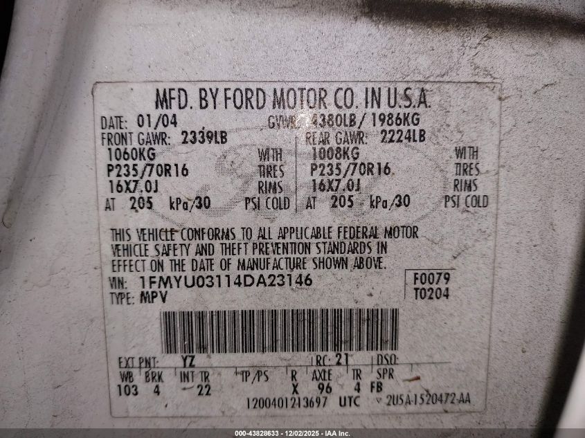 2004 Ford Escape Xlt VIN: 1FMYU03114DA23146 Lot: 43828633