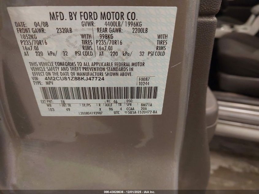 2008 Mercury Mariner I4 VIN: 4M2CU81Z88KJ47724 Lot: 43828636