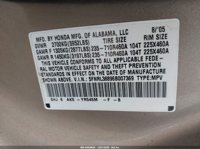2006 Honda Odyssey Touring VIN: 5FNRL38896B007369 Lot: 43828638